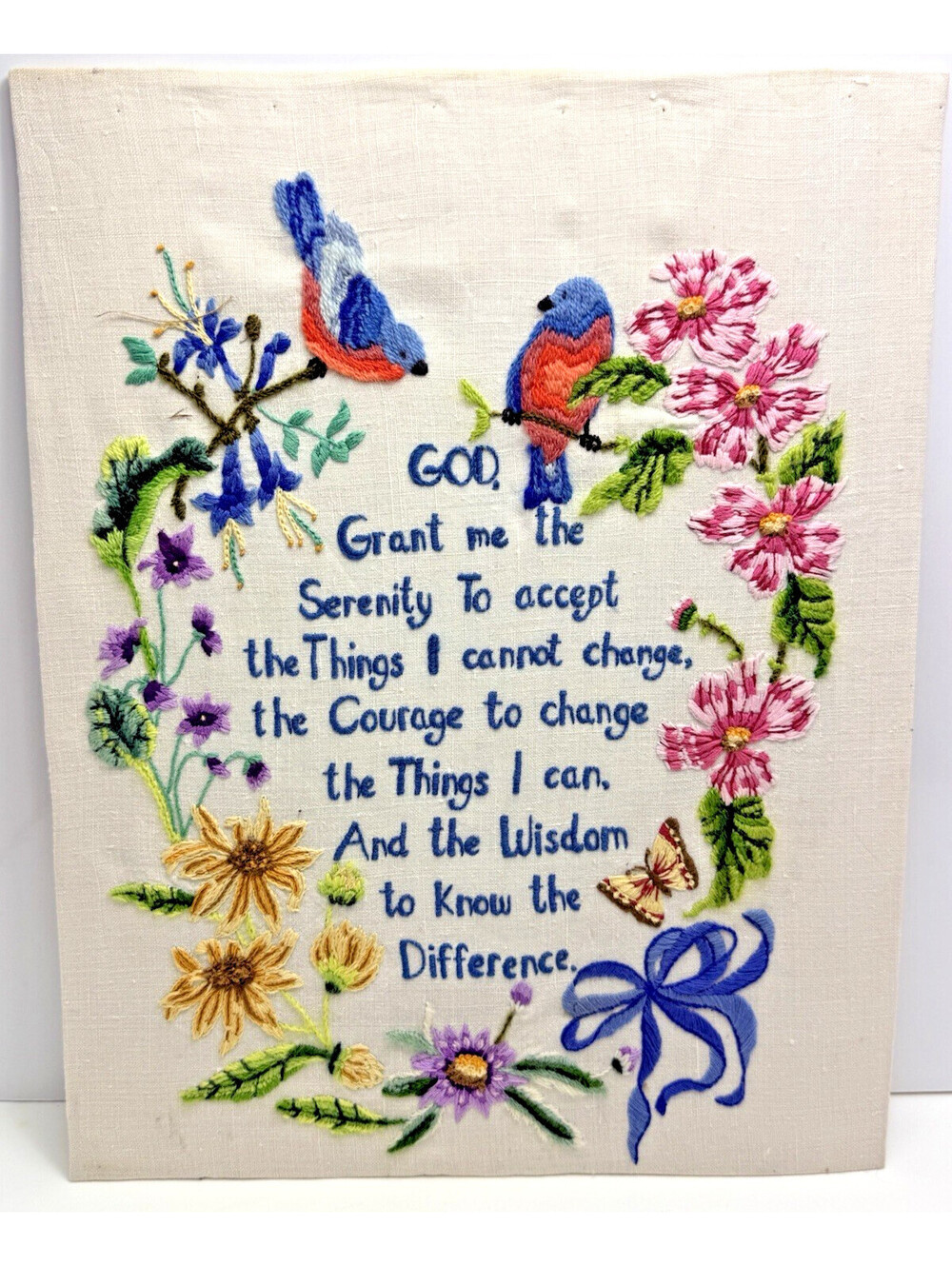 Vtg Crewel Blue Bird Serenity Prayer Completed Unframed 18H" X 14" Flowers Daisy